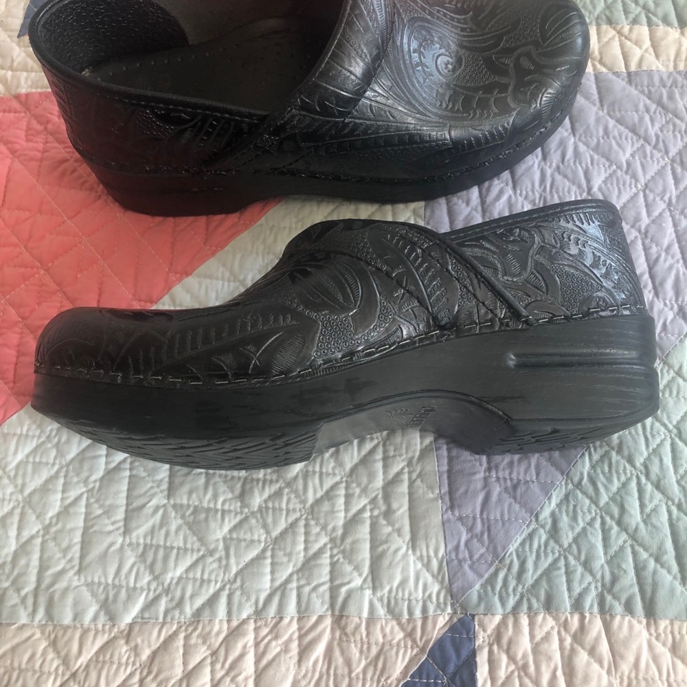 DANSKO CLOGS Size 37 Black tooled paisley leather